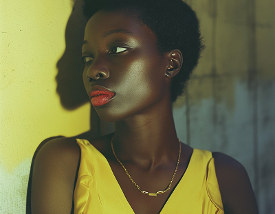A woman with short hair in a yellow top stands against a wall, bathed in warm light. Her expression is calm and contemplative, with bold red lipstick.