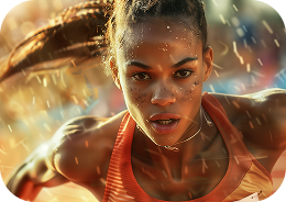 A female athlete intensely sprints forward, sweat and determination visible on her face. Motion blur and warm tones convey speed and energy.