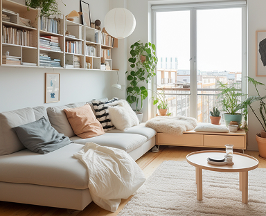 Cozy living room with a gray sectional sofa, neutral cushions, and throws. Large window, sunlight, plants, and bookshelves create a serene, inviting atmosphere.
