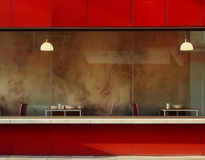 Modern restaurant facade with a large glass window showcasing two empty tables inside. Red panels and hanging lights create a warm, inviting tone.