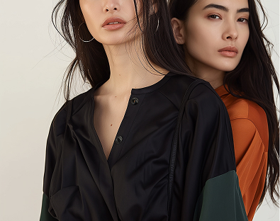 Two women with long dark hair pose confidently. One wears a black top, the other an orange one. Neutral background, serious expressions. Fashion theme.