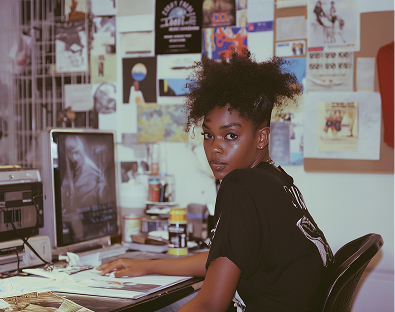 Young woman with curly hair sits at a cluttered desk, turning to the camera. Walls are covered with posters, creating a creative, focused atmosphere.