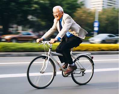 Elderly man in a suit joyfully rides a bicycle on a city street, surrounded by blurred cars and trees, conveying a sense of freedom and happiness.