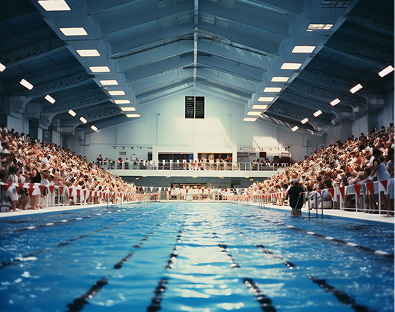 Large indoor swimming pool with clear blue water, surrounded by a cheering audience. The atmosphere is competitive and energetic, with anticipation in the air.