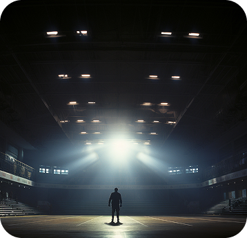 A person stands alone on a dimly lit indoor basketball court, illuminated by a bright overhead light. The scene feels dramatic and introspective.