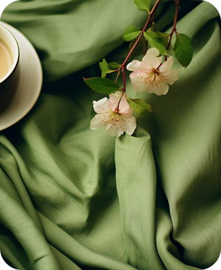 A branch with delicate white flowers and green leaves rests on softly draped green fabric beside a cup of tea, conveying a serene and soothing ambiance.