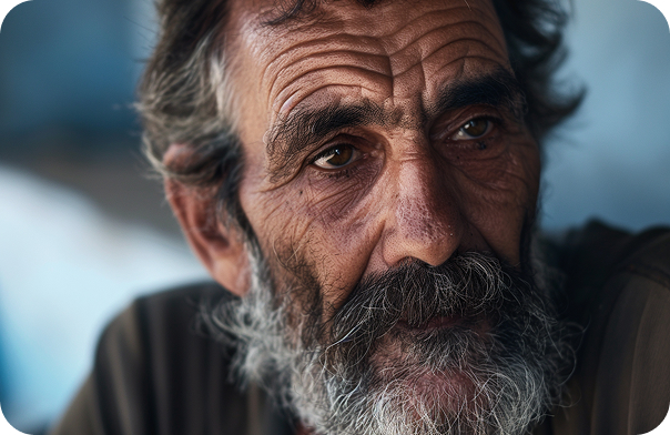 A bearded older man with deep wrinkles gazes solemnly to the side. The close-up highlights his weathered features against a soft, blurred background.