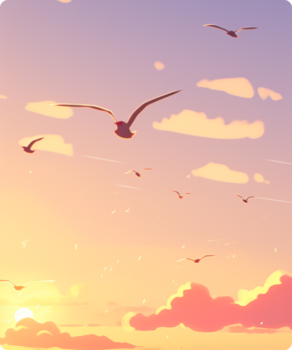 Illustration of a serene sunset sky with birds soaring