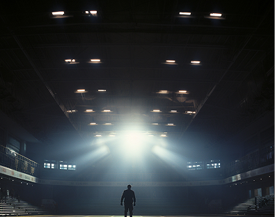 A lone figure stands in a dimly lit, empty arena, with beams of bright light shining down from above