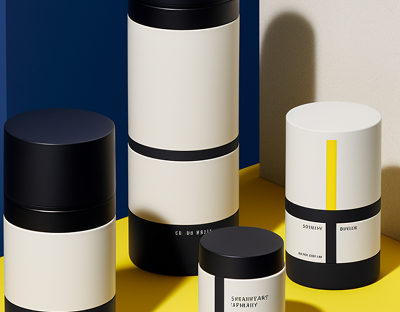 Minimalist skincare packaging in cylindrical shapes on a yellow and blue background