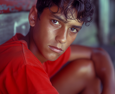 A young person with wet hair and a serious expression
