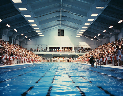 Indoor swimming pool filled with water, surrounded by a cheering crowd on bleacher