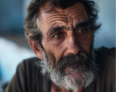 A pensive elderly man with a weathered face and gray beard gazes into the distance