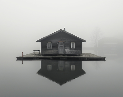 A solitary wooden house sits on a dock, surrounded by misty water, creating a serene reflection.