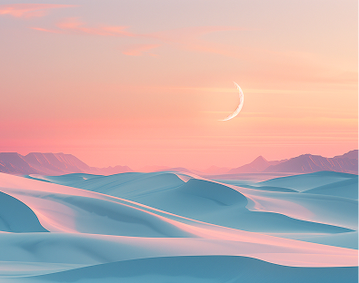 A serene desert scene at sunset with blue dunes under a pink sky, and a crescent moon above. 