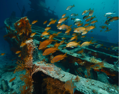 A vibrant school of orange fish swims around a sunken shipwreck