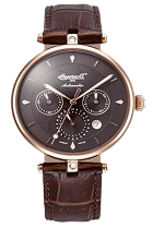 Elegant brown watch with a leather strap and rose gold accents. 