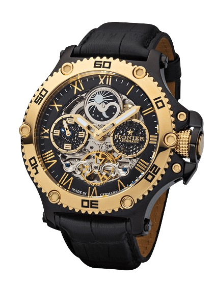 A luxurious black and gold wristwatch with visible mechanical gears, Roman numerals, and intricate details