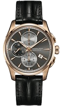 Elegant wristwatch with a black leather strap, rose gold casing, and a black dial featuring three silver sub-dials