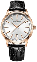 A sleek wristwatch with a silver face, gold casing, and black leather strap. It features minimalistic hour markers, a date display