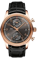 A sophisticated wristwatch featuring a rose gold case, black dial with gold numerals, two subdials, date display, and a black leather strap. 