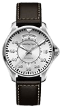 Silver wristwatch with a black leather strap, featuring a white dial, large numerals, and a day-date display