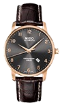 A classic wristwatch with a dark leather strap and rose gold casing.