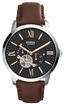Elegant wristwatch with a dark face, Roman numerals, a small subdial, and exposed gears. Brown leather strap