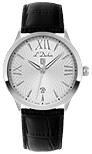 Elegant wristwatch with a silver dial, textured pattern, Roman numerals, and a date window. Features black leather strap,