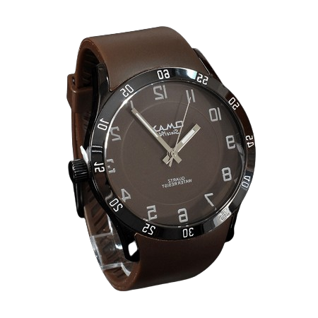 A stylish analog wristwatch with a brown leather strap, brown face, and silver indices on a black bezel.